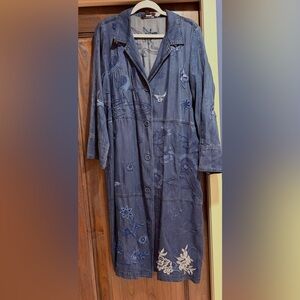 Johnny Was Workshop Dress Women's Blue Denim Embroidered Button Front Midi